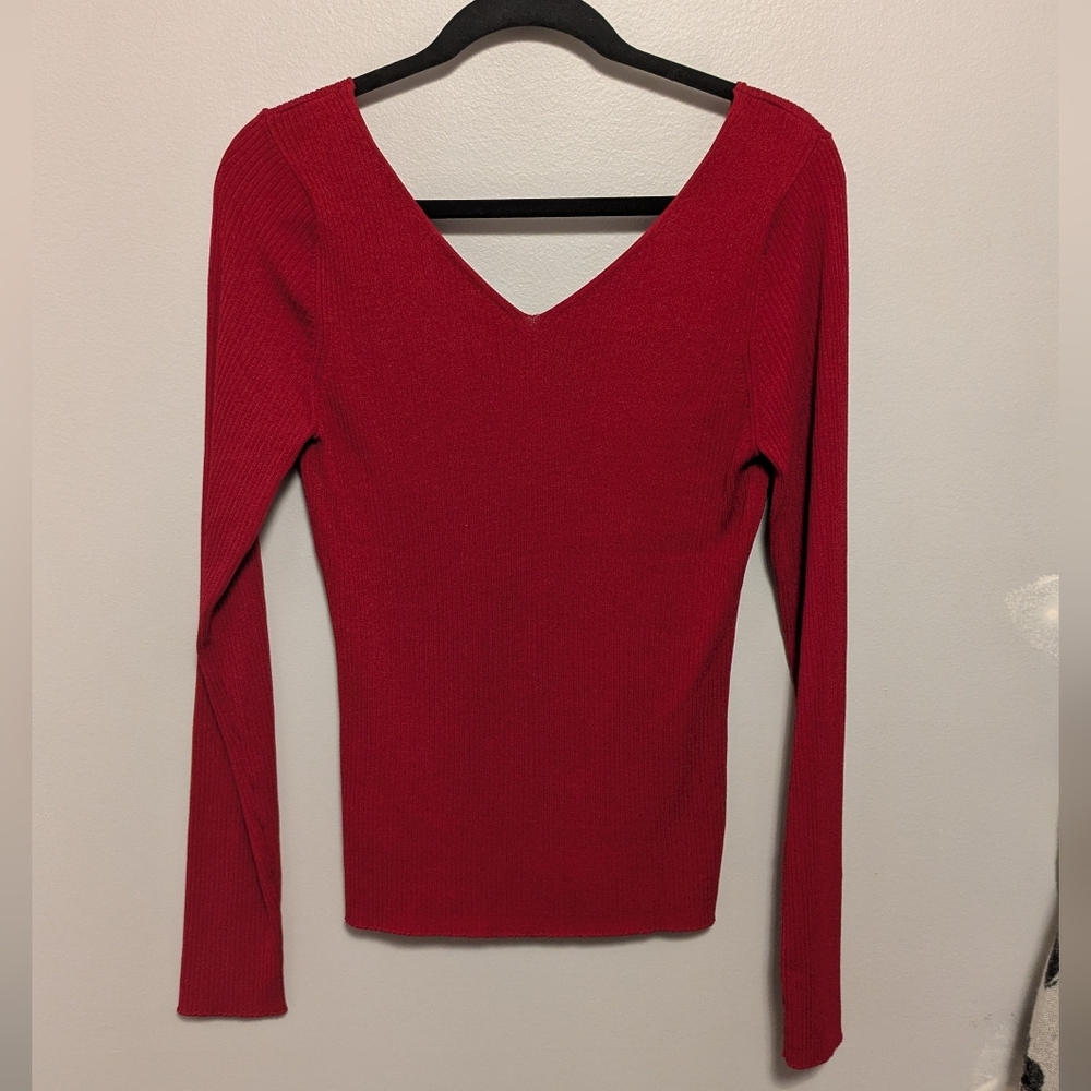 Express Red Ribbed Double V Neck Sweater - Picture 3 of 3